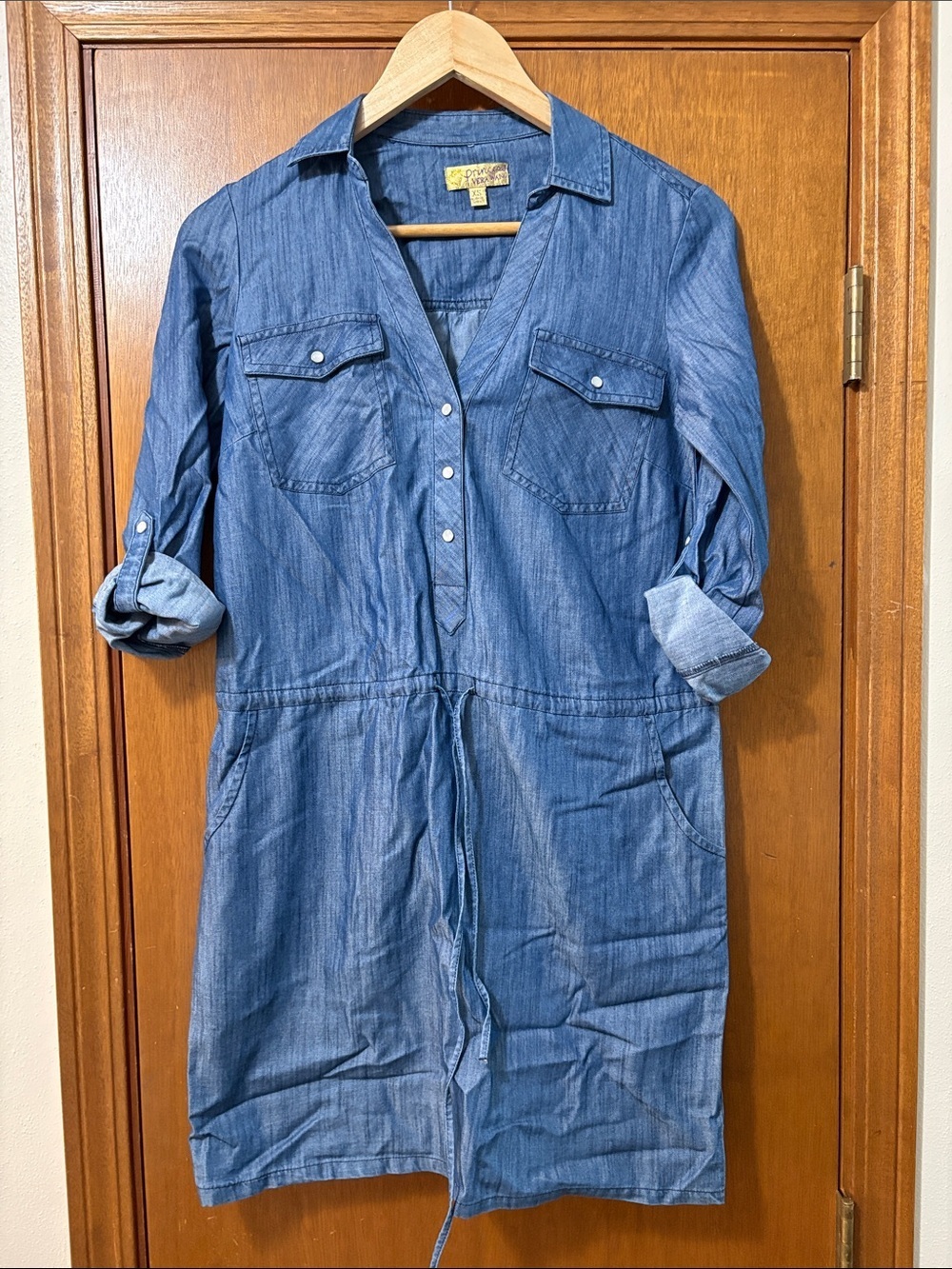 Princess Vera Wang Light Chambray Dress XS Snap Front Cinch Waist Roll Tab